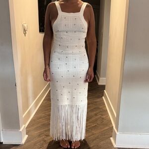 Sandro White Maxi Dress with Fringe